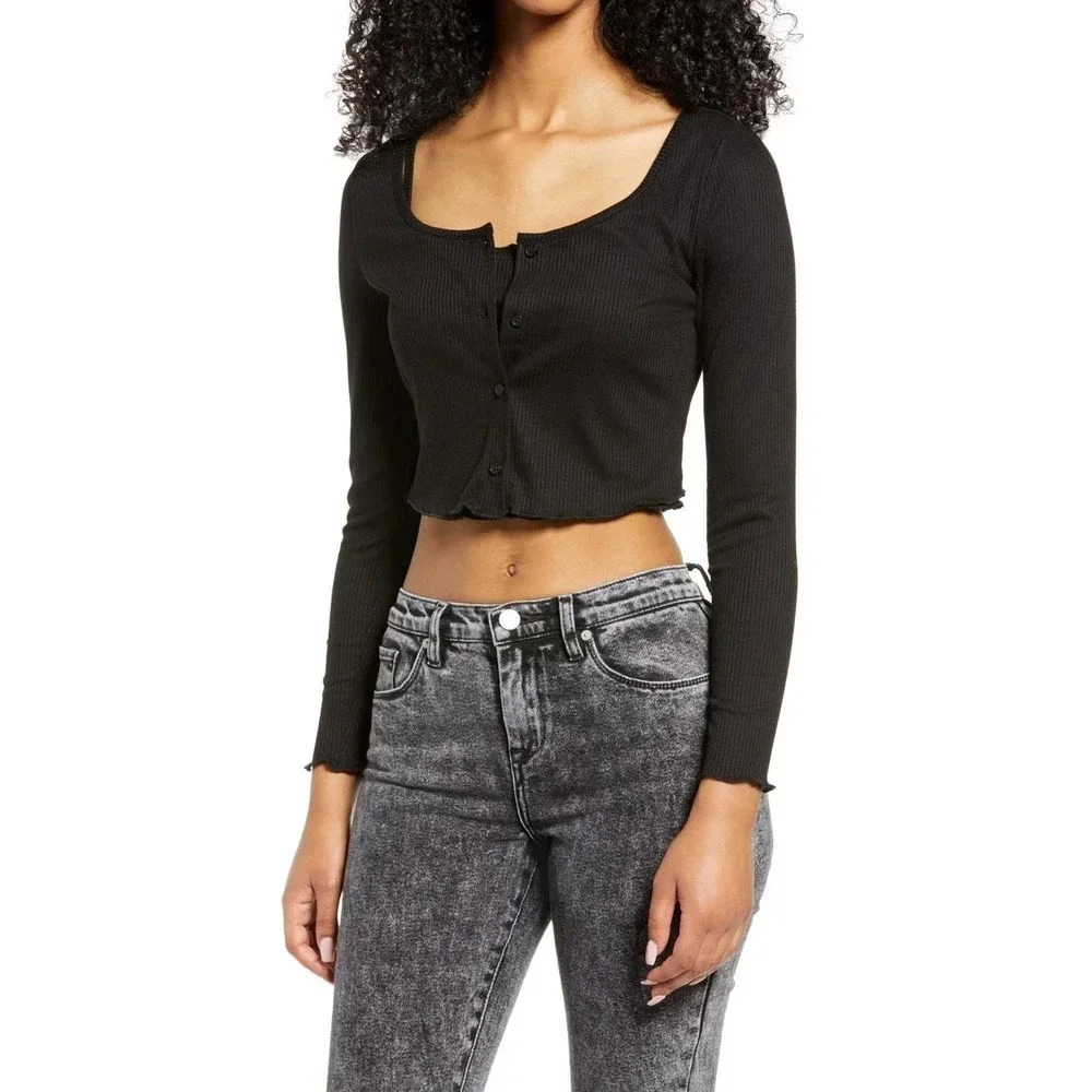 BP Nordstrom Black Ribbed Long Sleeve Cropped Button Front Cardigan Top